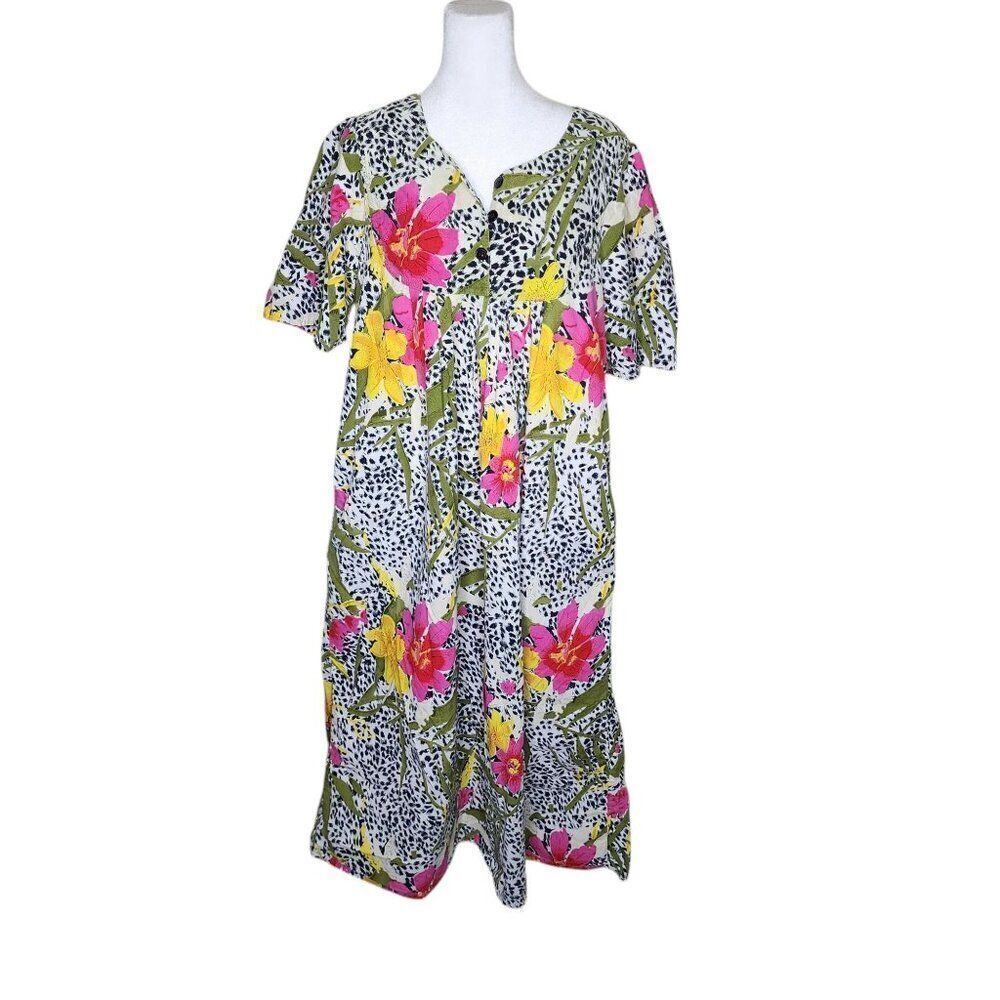 Vintage Hawaiian Kaftan Mumu Short Flutter Sleeve Tropical Womens L Multi